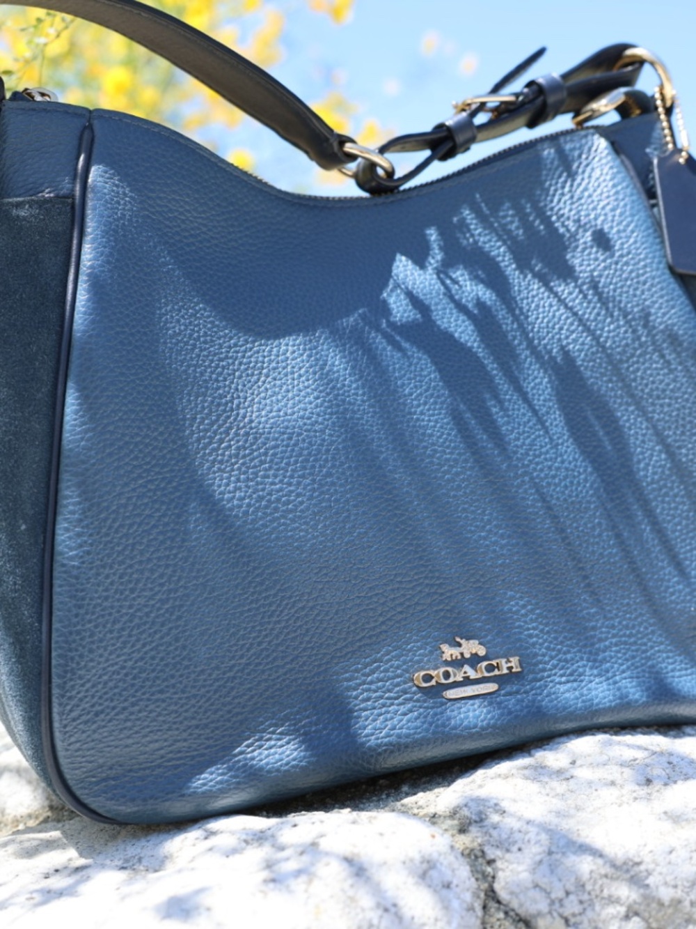 Coach Rori, Denim Blue Pebbled & Suede Leather Shoulder Bag, Quiet Luxury C5833